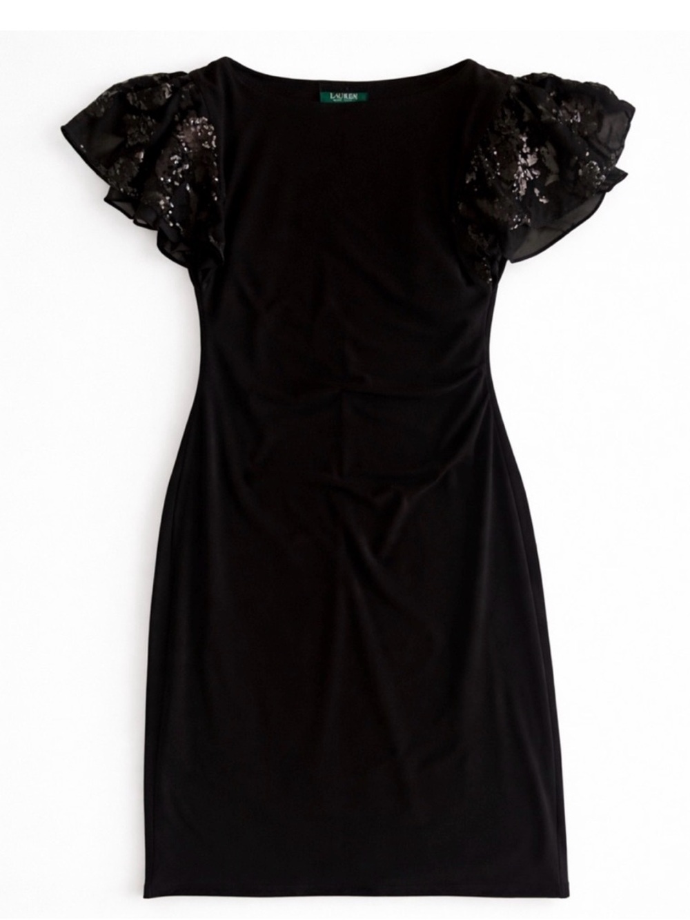 NWT Ralph Lauren Black Dress With Round Neck and Sequin Flutter-Sleeve Size 16